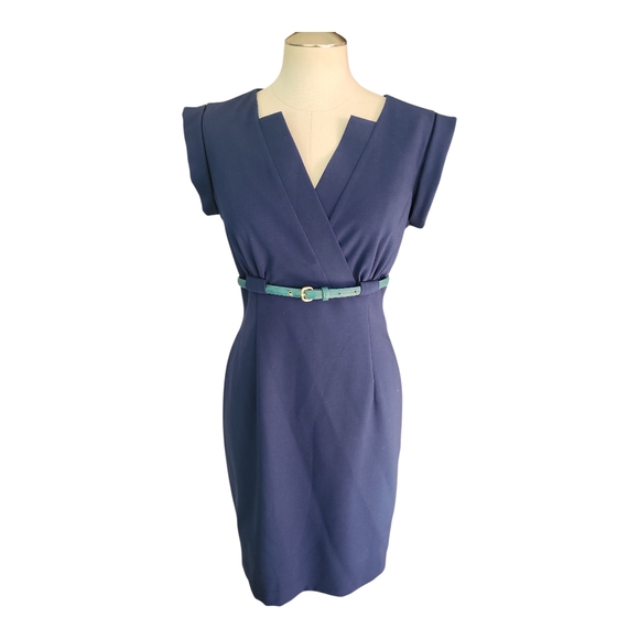 Calvin Klein Dresses & Skirts - Calvin Klein Blue Cap Sleeve Faux Wrap Sheath Dress with Belt Size 4
